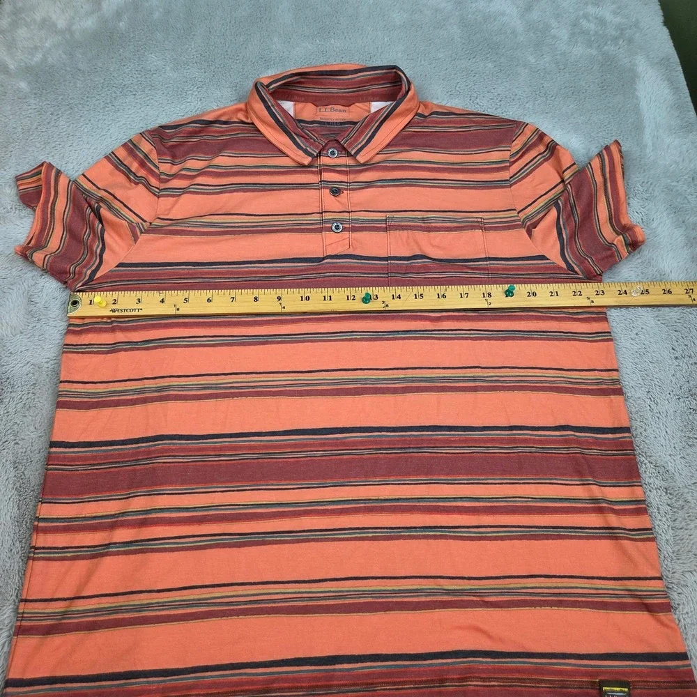 L.L. Bean Polo Shirt Mens L REG Slightly Fitted Striped Pocket Jersey Orange Mul
